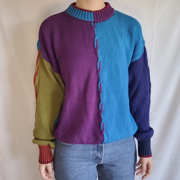 Vintage Color Block Mock Neck 100% Cotton Knit Sweater - Picture 2 of 6